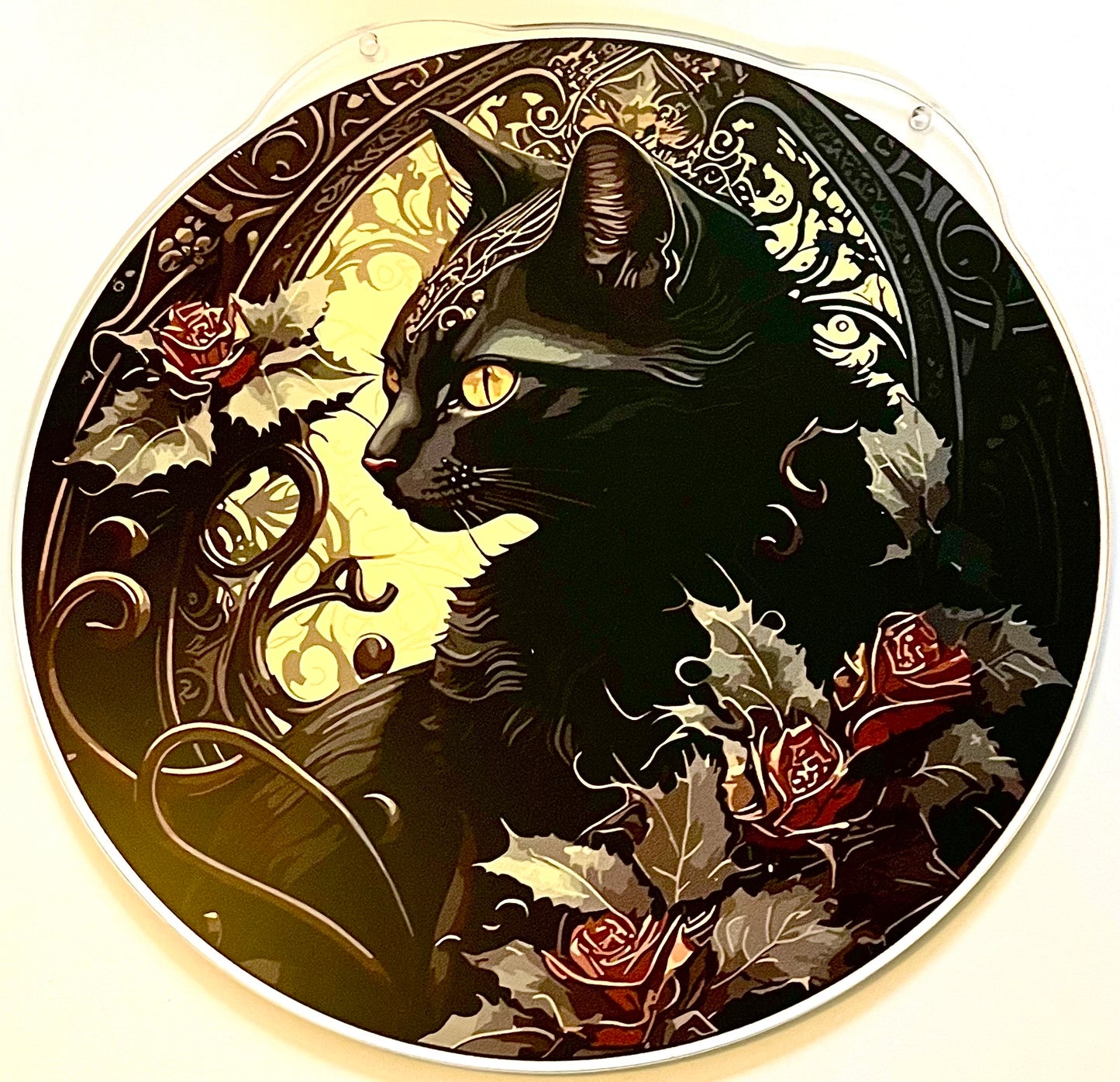 Cat suncatcher - black cat & roses