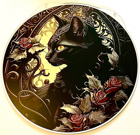 Cat suncatcher - black cat & roses