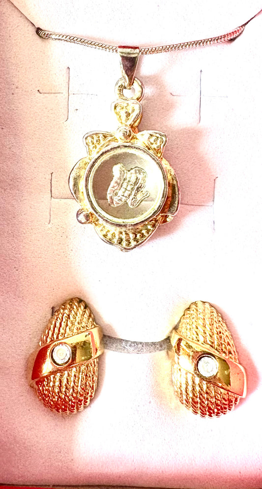 2pc jewellery set - gold coloured metal/ imitation gems & spinning necklace centre