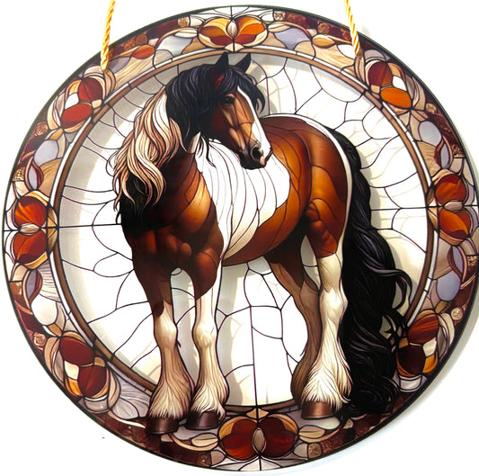 Horse - 8" Suncatcher- brown/white Clydesdale style