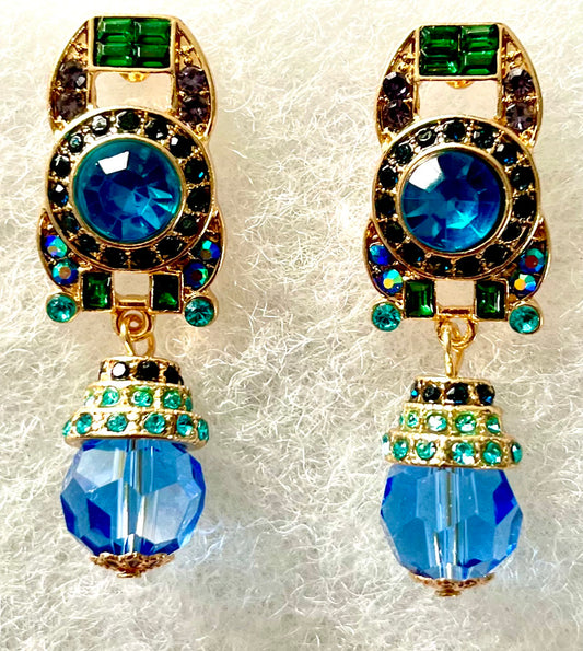 Earrings - stud dangly blue ornate style.