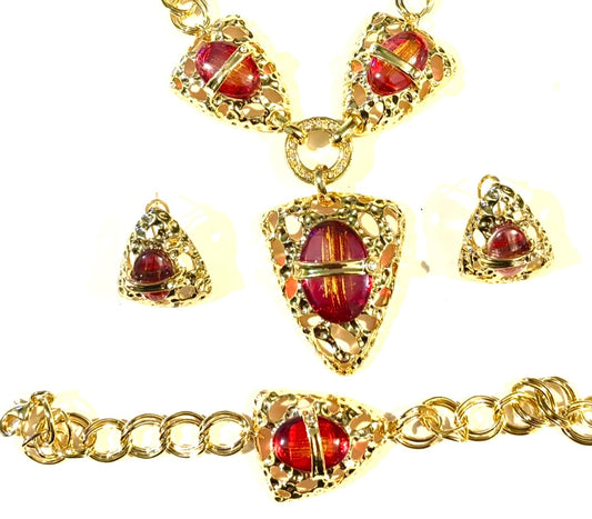 3pc jewellery set - gold coloured metal with dark orange. Necklace, earrings and bracelet. Style 49