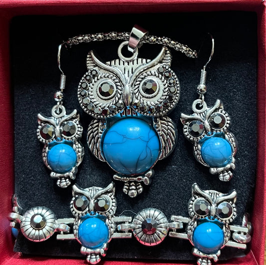 3pc jewellery set - owl blue howlite style
