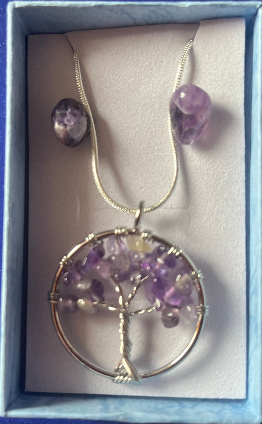 Amethyst tree of life jewellery gift set