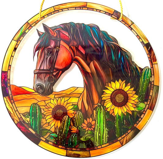 Horse - 9" Suncatcher- chestnut in sunflowers