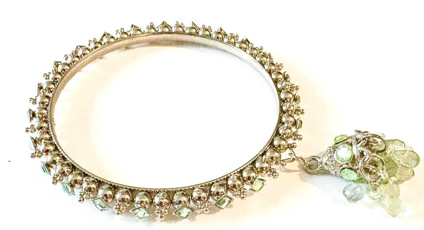 Bracelet - white metal bangle, light green with charm style 24