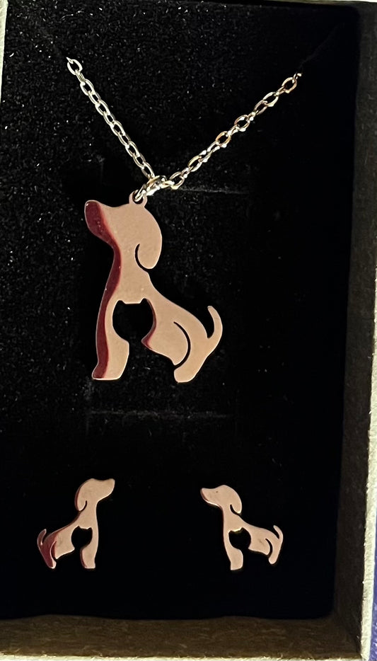 Dog/cat silhouette necklace and stud jewellery earrings giftset