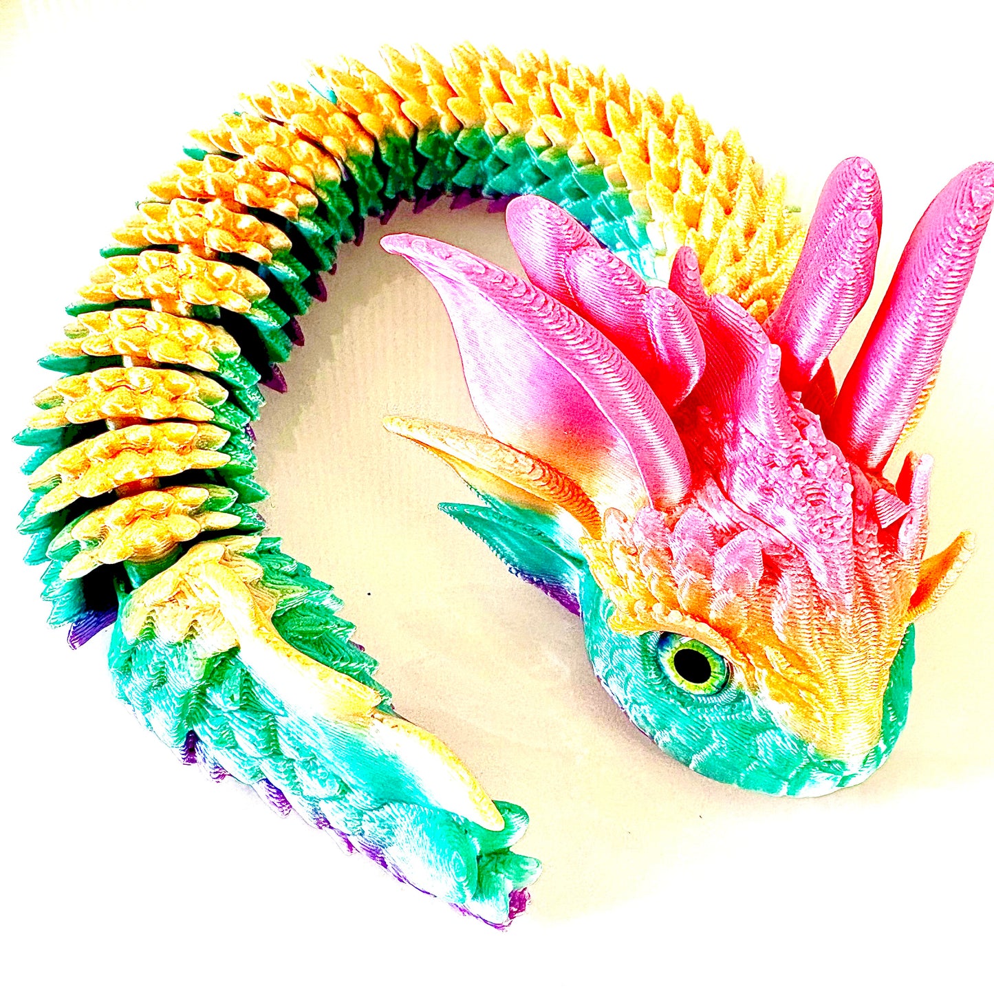 3D printed legless Dragon - pink / yellow/ green/ purple