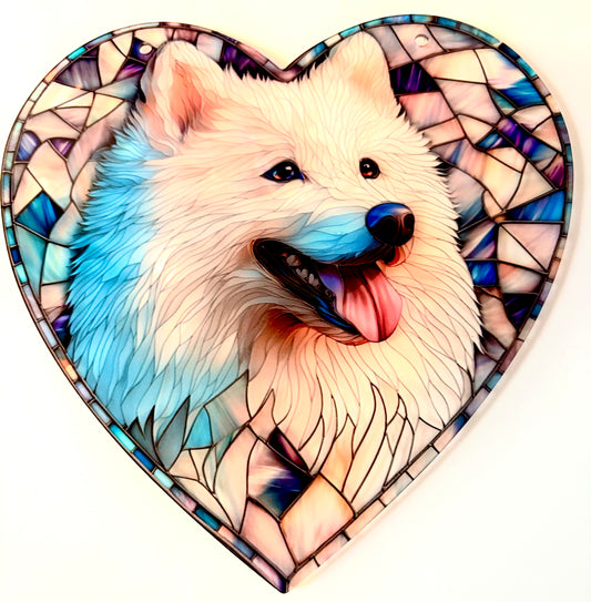 Dog Suncatcher - White Samoyed / white Husky. heart shaped.