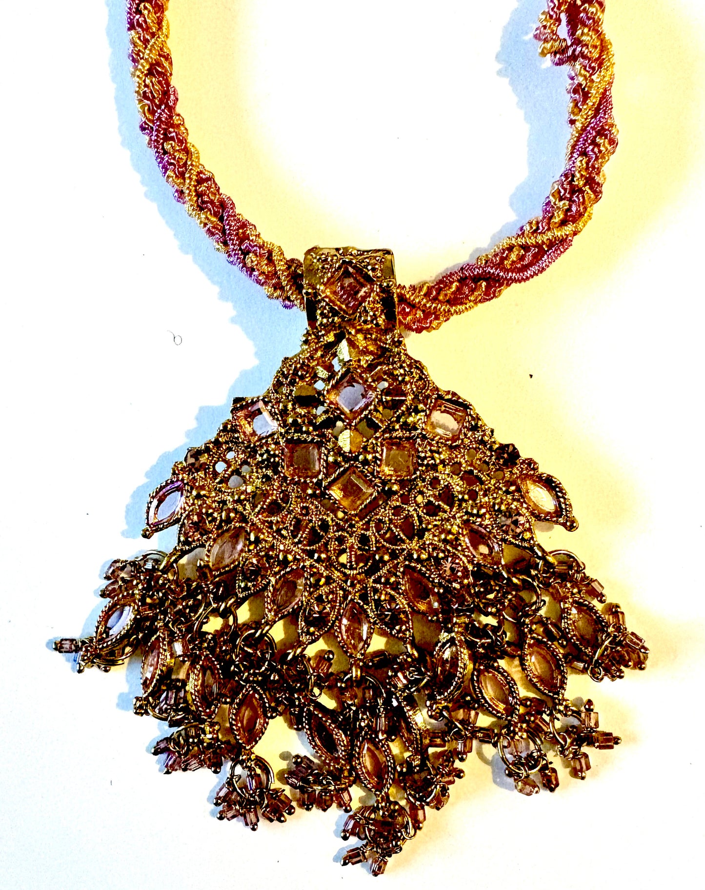 Necklace - ornate twisted cord necklace bronze coloured metal/ lilac. Style 42