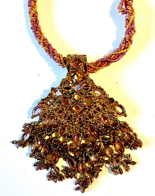 Necklace - ornate twisted cord necklace bronze coloured metal/ lilac. Style 42