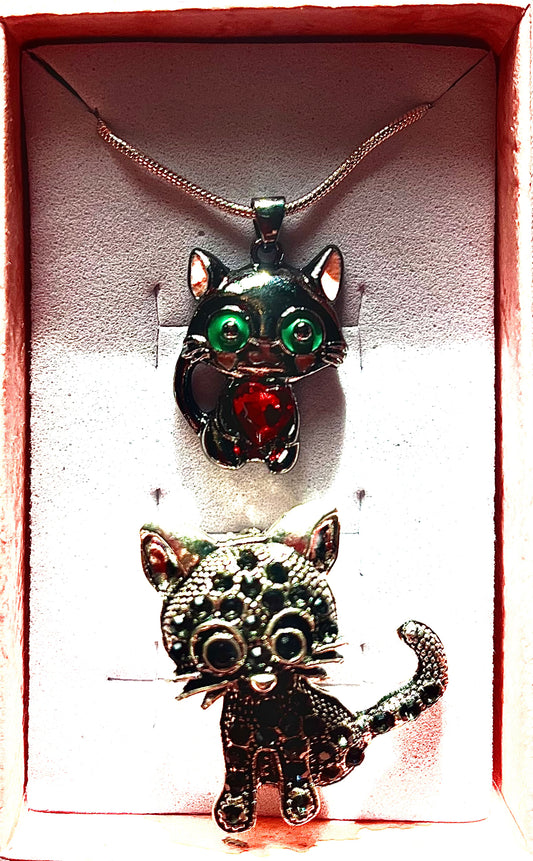Cat necklace/ brooch jewellery gift set